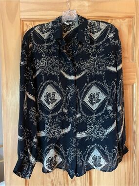 Woven Button-Down Shirt - Black with Cream Print